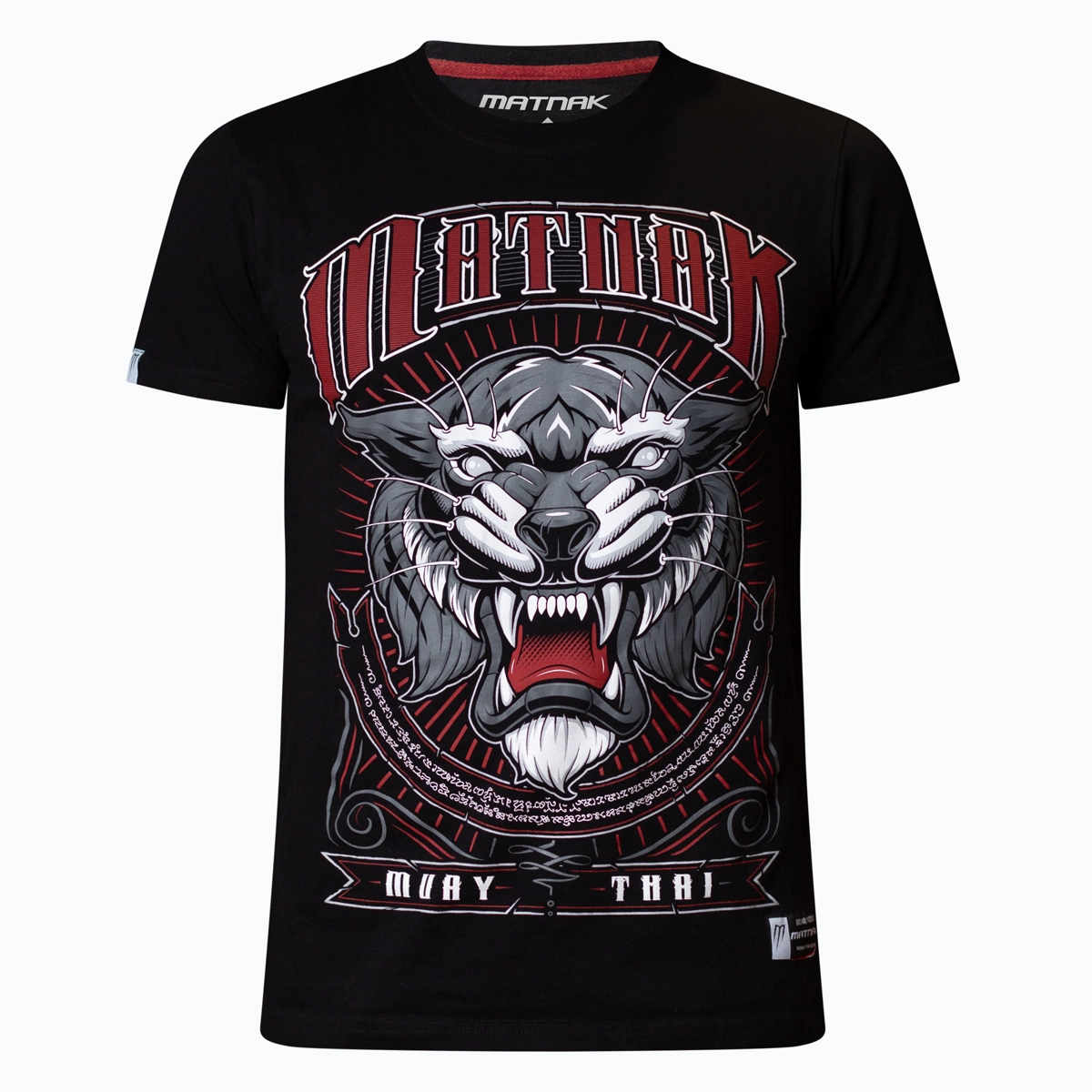 MATNAK Sua Muay Thai T-shirt, Black Gray front MATNAK Sua Muay Thai T-shirt, black and grey with tiger Sak Yant face